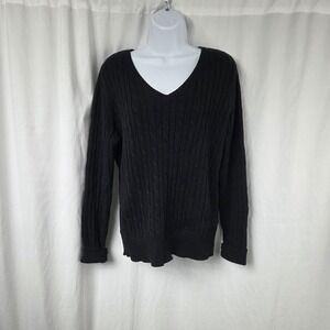 St John's Bay Sweater Womens Large Black V Neck Cable Knit Pullover Top